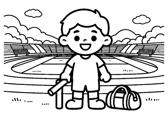 Un coureur souriant se tient près d’un grand témoin et d’un sac, à côté de la piste du stade.