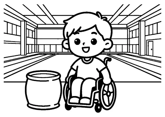 A young boccia player sitting calmly near a large soft barrier and a ball container.