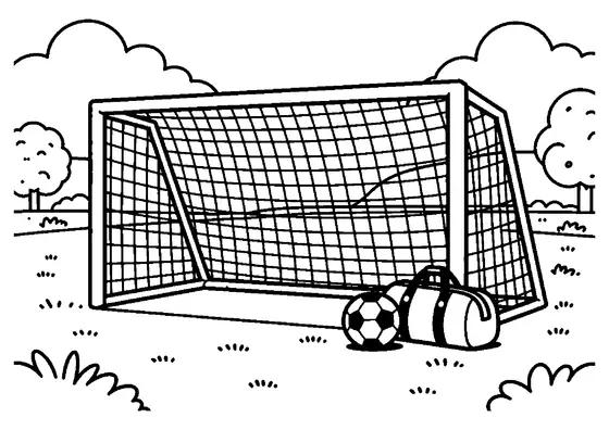 Un grand but de football, accompagné d’un ballon et d’un sac, se trouve sur un vaste terrain.
