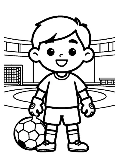 Un jeune gardien de futsal avec des gants se tient près d’un ballon et d’un grand tapis d’entraînement.