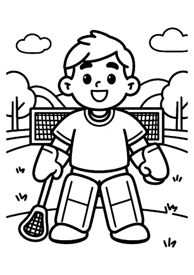 Un jeune gardien de lacrosse se tient calmement, avec son casque, près d’une crosse et d’un grand but.