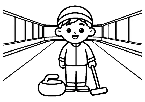 A smiling young curler standing beside a curling stone and broom on an ice sheet.