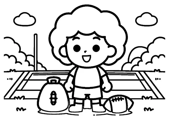 A young flag football player standing near a large equipment bag with cones and a football.