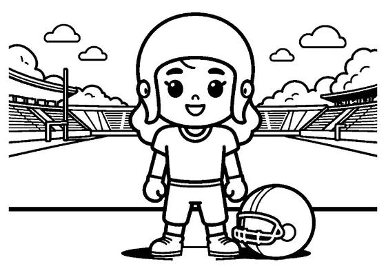 Una giovane giocatrice di football americano sta in piedi sul campo tenendo in mano un grande casco e il pallone.