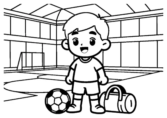 A young futsal player standing next to a ball and gear bag at the court corner.