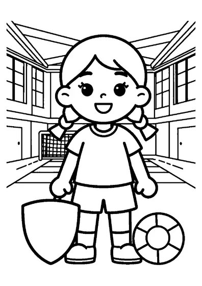 A smiling female goalball player standing beside a soft padding barrier and ball bin.