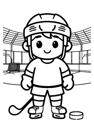 Un hockeyeur casqué se tient près de sa crosse et d’un palet sur la patinoire.