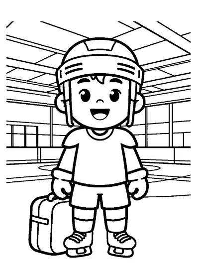 A young ice hockey player standing beside a large gear bag and helmet rack near the rink.