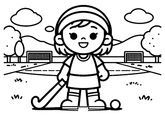 A girl standing with a stick and ball on a field hockey pitch.