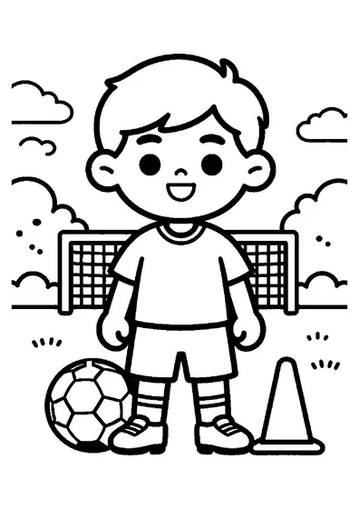A smiling youth soccer captain stands with a ball and cone in the center circle.