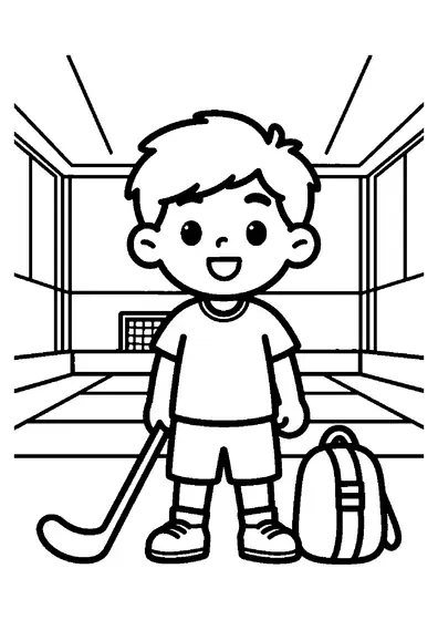 Un capitaine de floorball souriant se tient près d’une crosse et d’un sac dans une salle de sport.