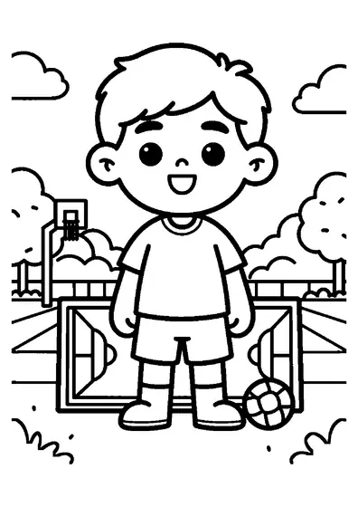 A boy standing next to a blank tactics board and a ball on a korfball court.