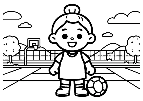 A cheerful female korfball player standing next to a large box of pinnies and a ball.