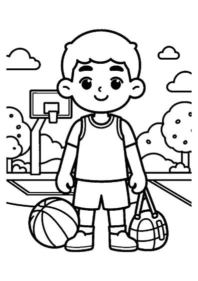 Un jeune basketteur tient son ballon près d’un banc, sur un terrain entièrement représenté.