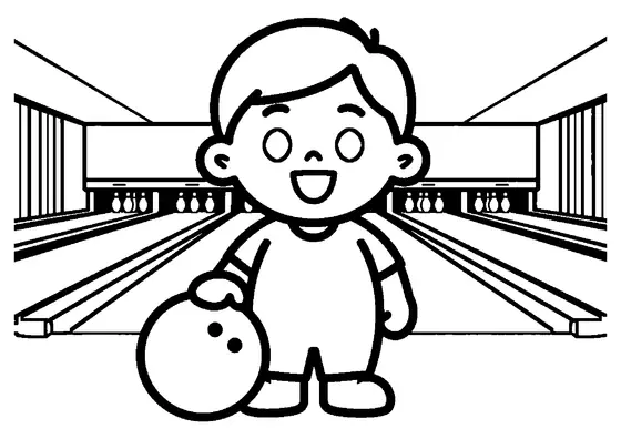 A boy standing by a large bowling ball and ball return at the bowling alley.