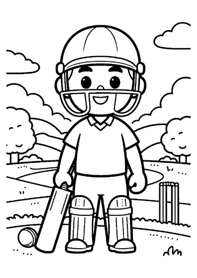 Un jeune joueur de cricket casqué se tient sur le terrain, à côté d’une batte et d’une balle.