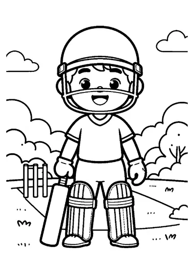 A young cricketer standing beside a cricket bat, pads, and practice nets.
