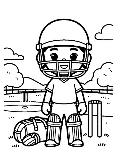 A young girl cricket player standing next to a large kit bag and helmet on the pitch.