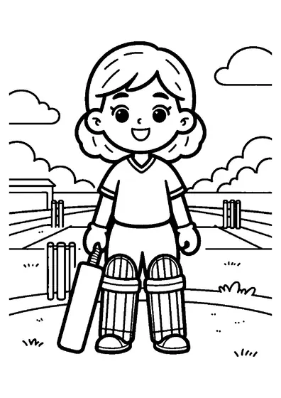 Una ragazza accanto a una mazza da cricket, gambali e wicket su un campo in erba.