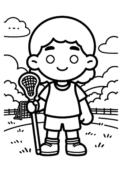 A young female lacrosse player standing next to a equipment bin on a grass field.