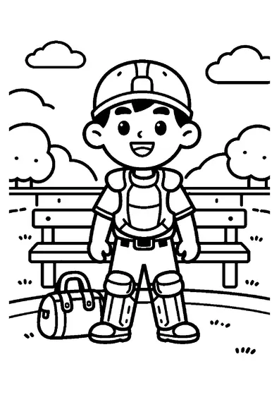 Un receveur de baseball souriant se tient en tenue de protection près d’un gant et d’un sac.
