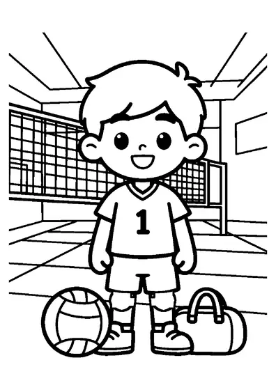 Un jeune libéro souriant se tient avec un ballon et un sac de sport près du filet, sur le terrain.