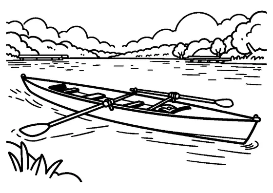 Un grand bateau d’aviron équipé de ses rames attend près d’un ponton paisible.