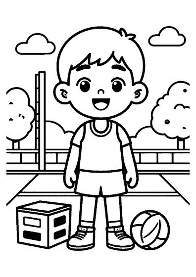 A young boy netball player standing beside a large hoop storage container and a ball on court.