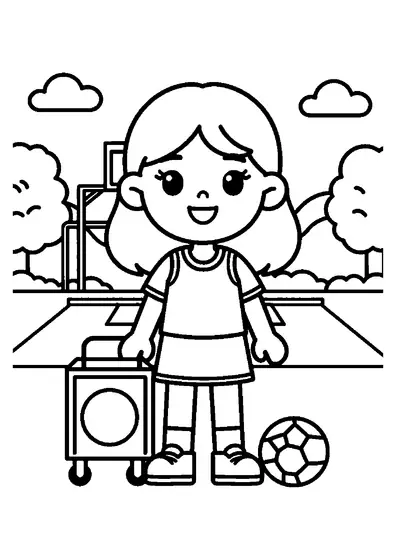A smiling female netball player standing next to a large ball cart on the court.