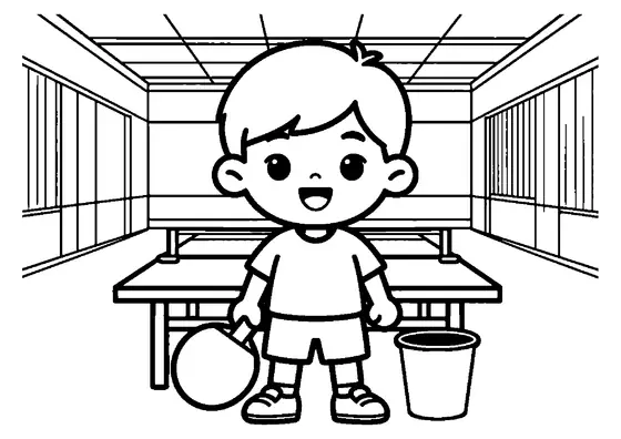 A smiling boy standing next to a paddle, ball basket, and ping pong table.
