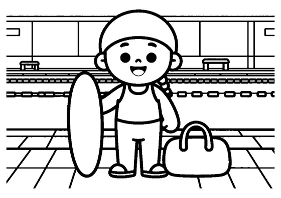 A young swimmer standing by a gear bag and kickboard at the edge of a pool.