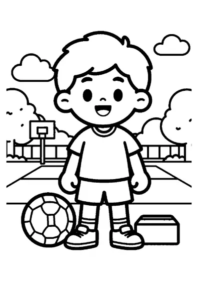 Young korfball player standing beside a ball and training steps.