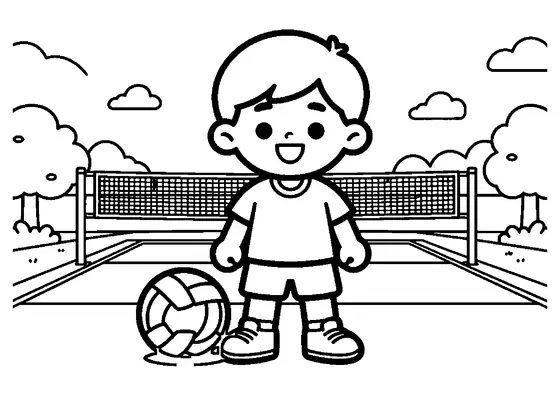 A young sepak takraw player standing beside a woven ball and mat near the net.