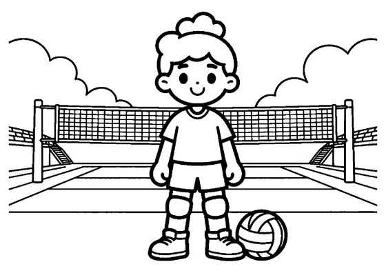 Young volleyball player standing next to a large ball bag on a wide practice court.