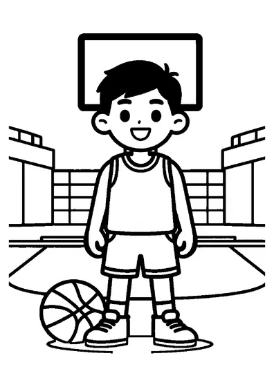Smiling young basketball player standing with a ball and equipment bag by the sideline.