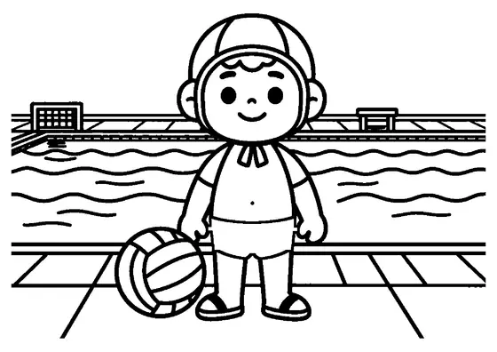 Young water polo player standing with a ball and towel by the pool deck.
