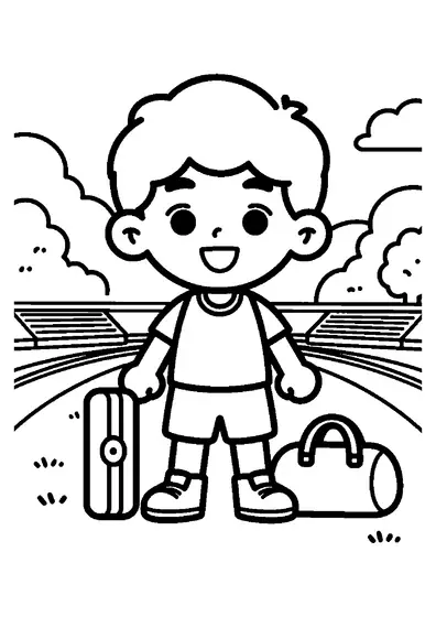 Young relay runner standing with a baton and sports bag under a track shelter.