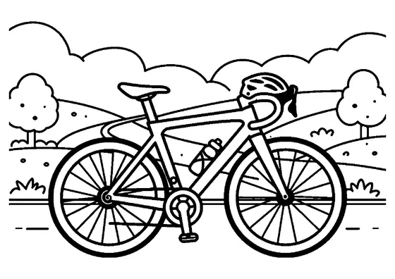 Un grand vélo de route avec un casque et un bidon est posé au bord du parcours.