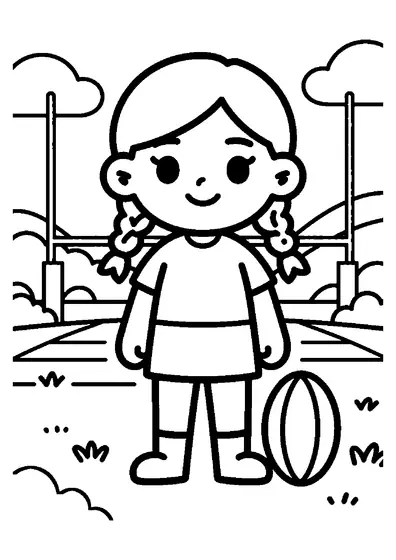 A young girl rugby player standing next to a training marker and an oval ball on the grass.