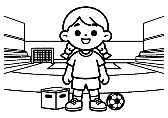 Young handball player standing with a ball and equipment crate in front of the goal.