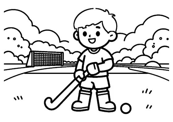 Un jeune joueur de hockey sur gazon se tient près d’une crosse, d’une balle et d’un grand but.
