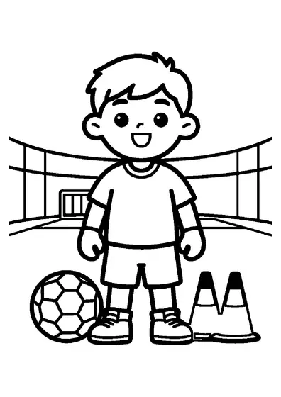 Un jeune handballeur souriant se tient avec un ballon et des protections devant l’entrée du terrain.