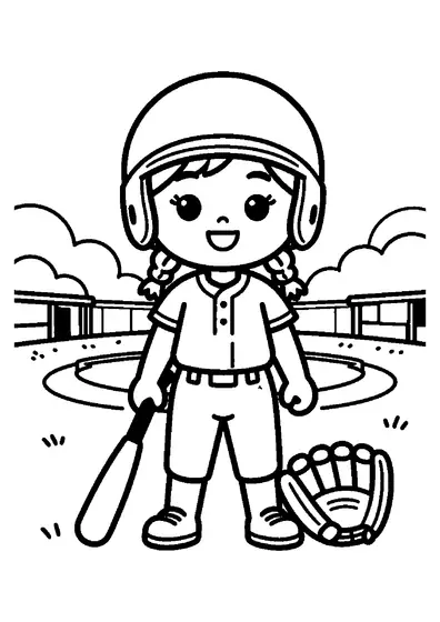 A girl with braided hair standing near a bat and large softball glove on the field.