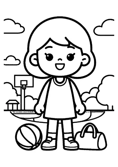 Young netball player standing with a ball and large sports bag by the pavilion.