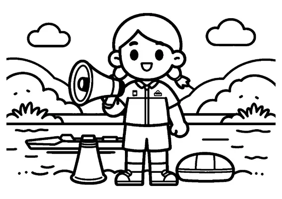Young female rowing coxswain with a megaphone by a boat at the dock.