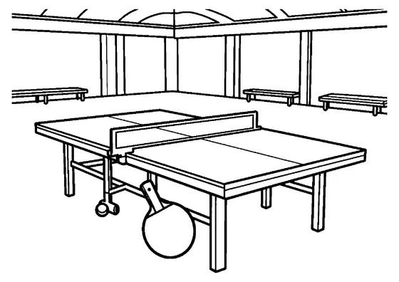 Une grande table de ping-pong se trouve dans une salle avec une raquette et une balle.