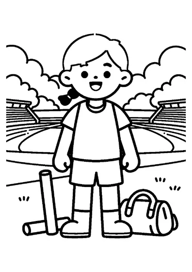 Un coureur souriant se tient dans le stade, à côté d’un témoin de relais et d’un sac.