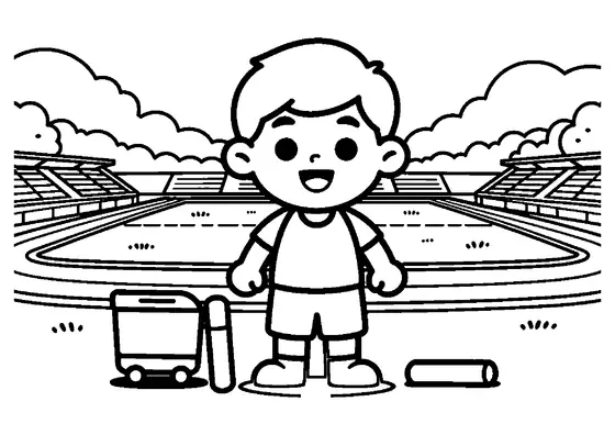 A smiling relay runner standing beside a cart filled with cone markers while holding a baton.