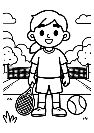 Un joueur de tennis souriant se tient près d’une raquette et d’une balle sur un court entièrement représenté.