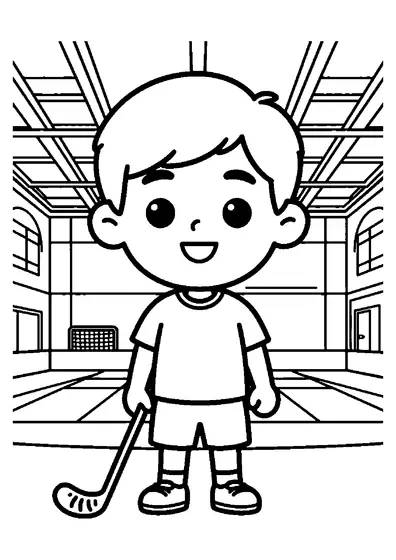 A smiling floorball player standing near a large substitution board and equipment in a gym.